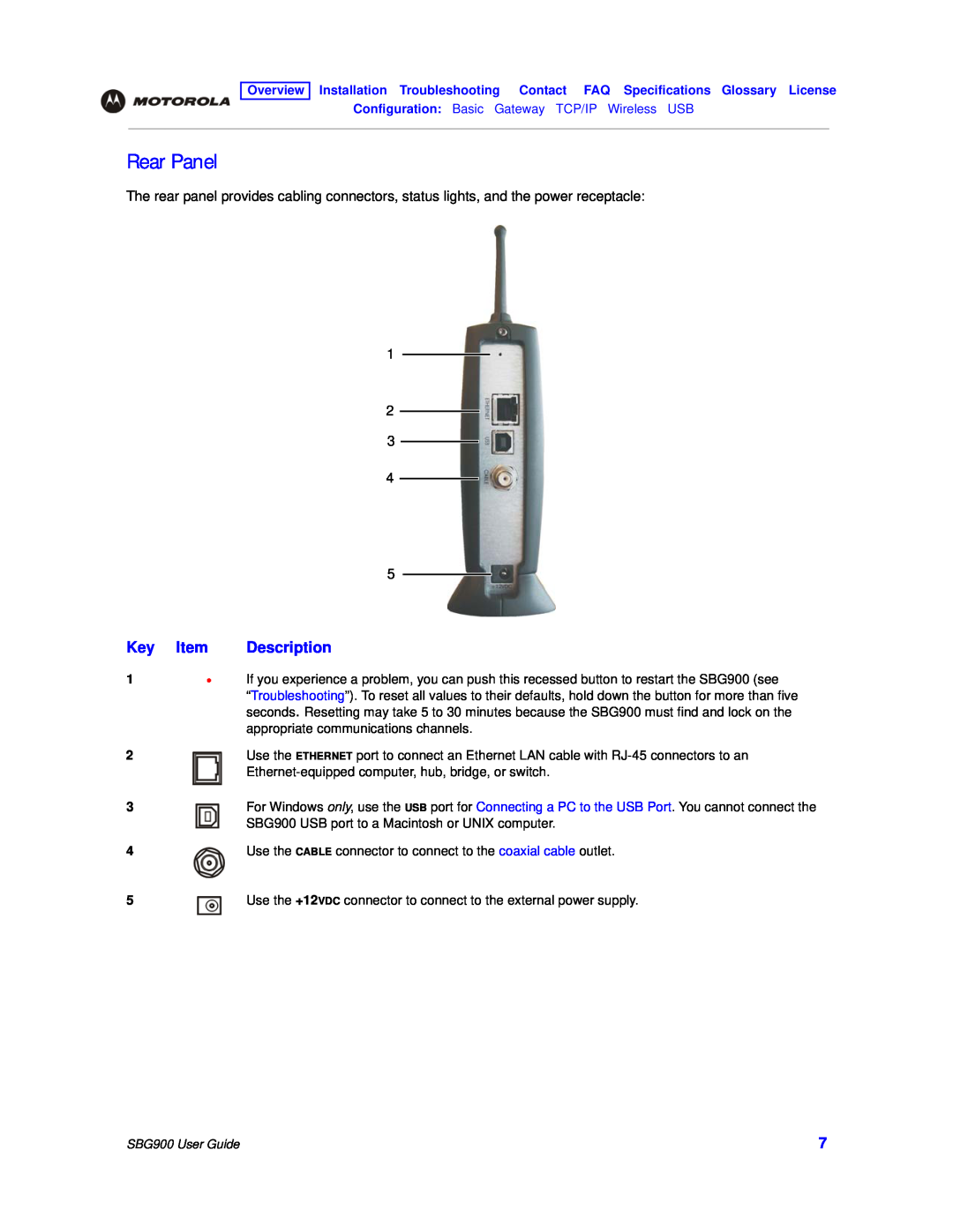 Motorola manual Rear Panel, Key Item Description, Configuration Basic Gateway TCP/IP Wireless USB, SBG900 User Guide 