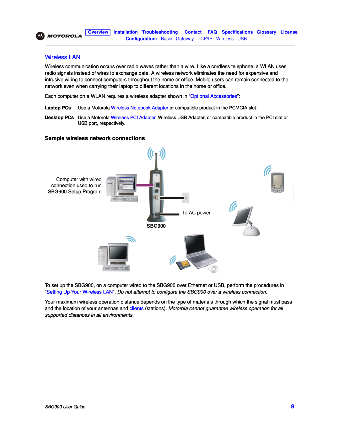 Motorola SBG900 manual Wireless LAN, Sample wireless network connections 