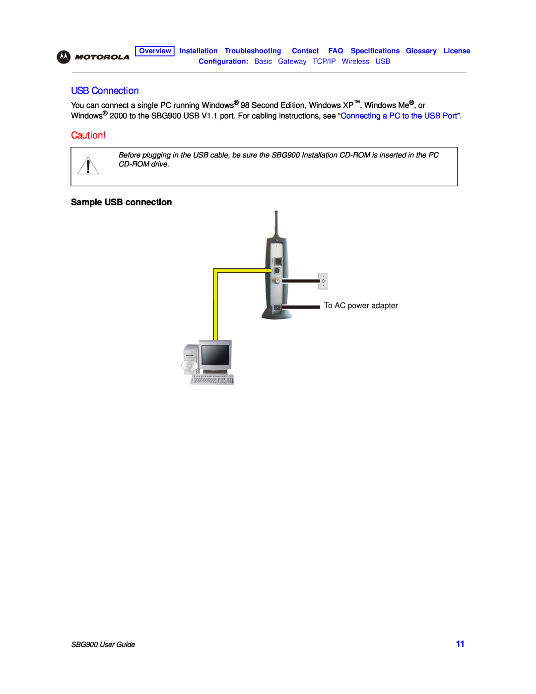 Motorola SBG900 manual USB Connection, Sample USB connection 