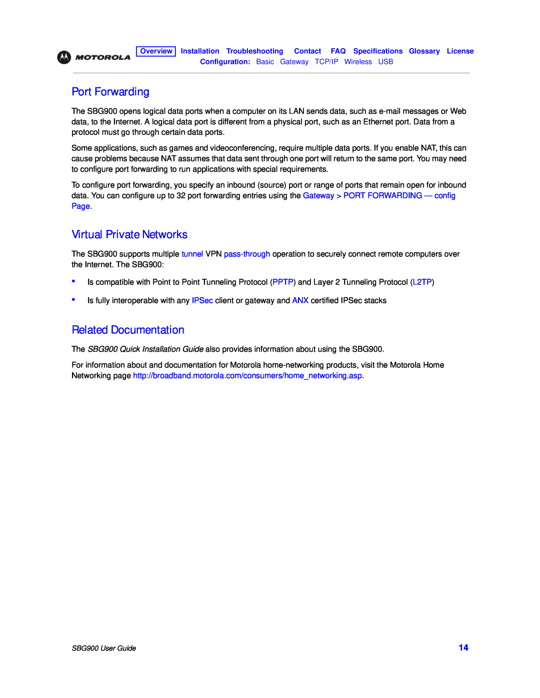 Motorola SBG900 manual Port Forwarding, Virtual Private Networks, Related Documentation 