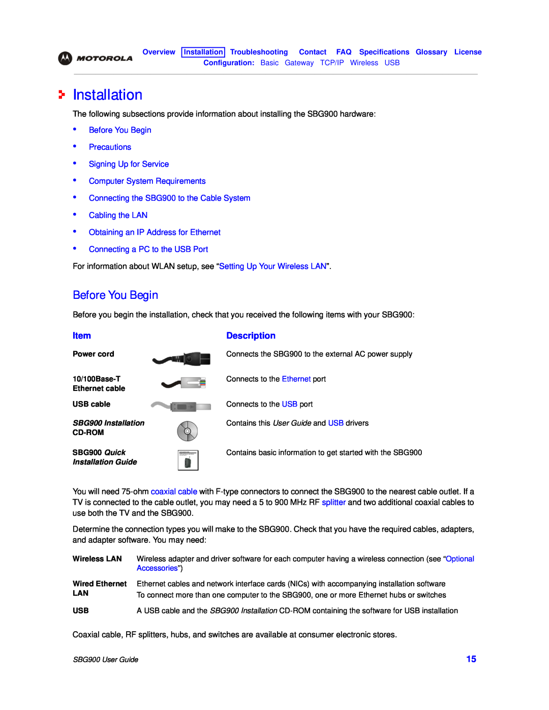 Motorola SBG900 manual Installation, Description, Before You Begin Precautions Signing Up for Service 