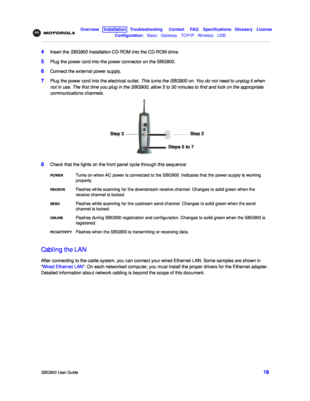Motorola SBG900 manual Cabling the LAN, Steps 5 to 
