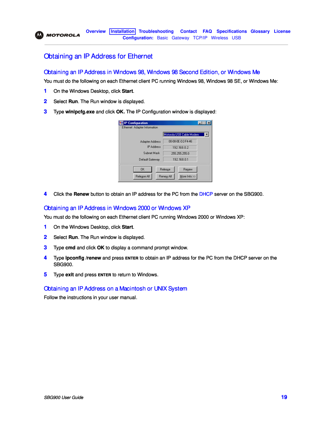 Motorola SBG900 manual Obtaining an IP Address for Ethernet, Obtaining an IP Address in Windows 2000 or Windows XP 