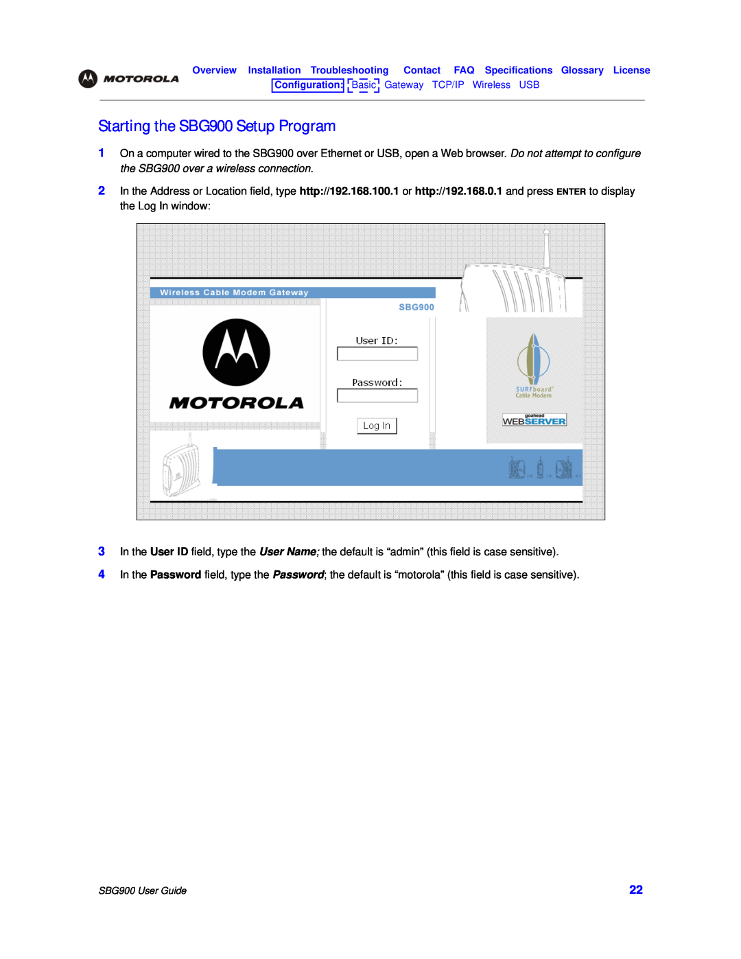 Motorola manual Starting the SBG900 Setup Program 