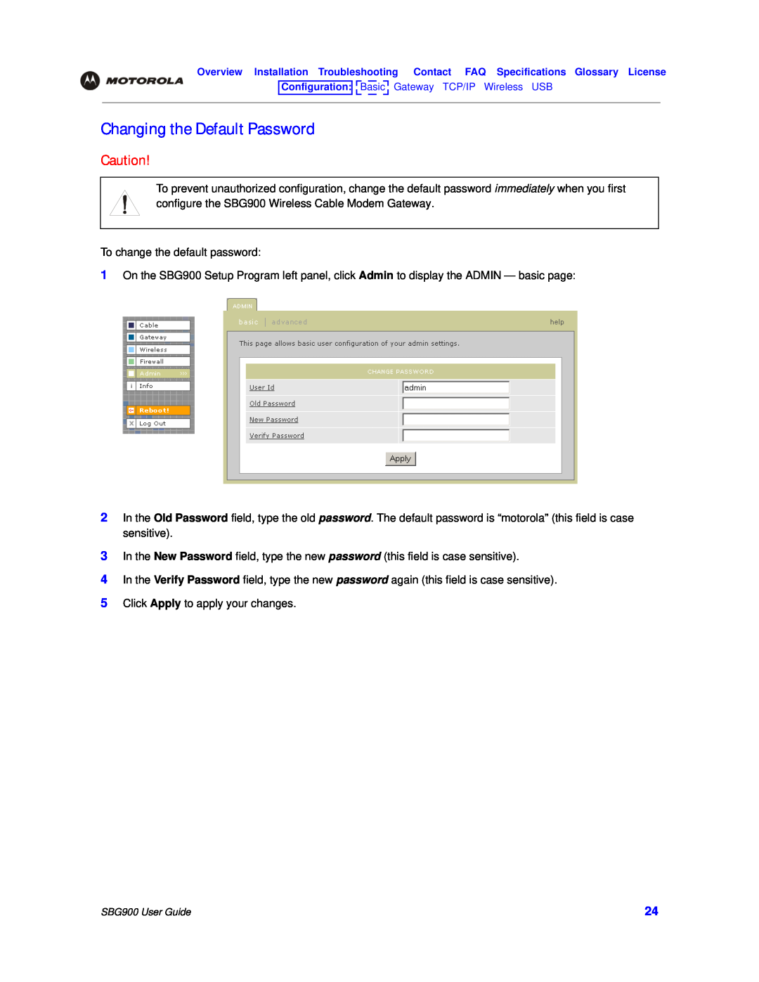 Motorola SBG900 manual Changing the Default Password 