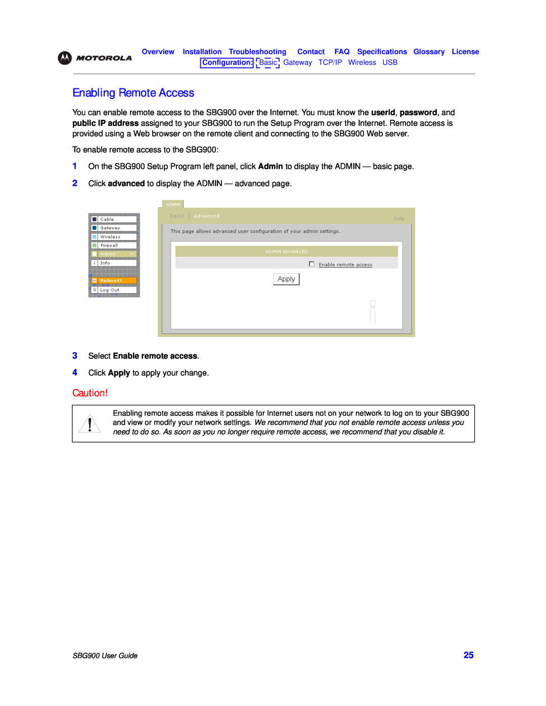 Motorola SBG900 manual Enabling Remote Access, Select Enable remote access 