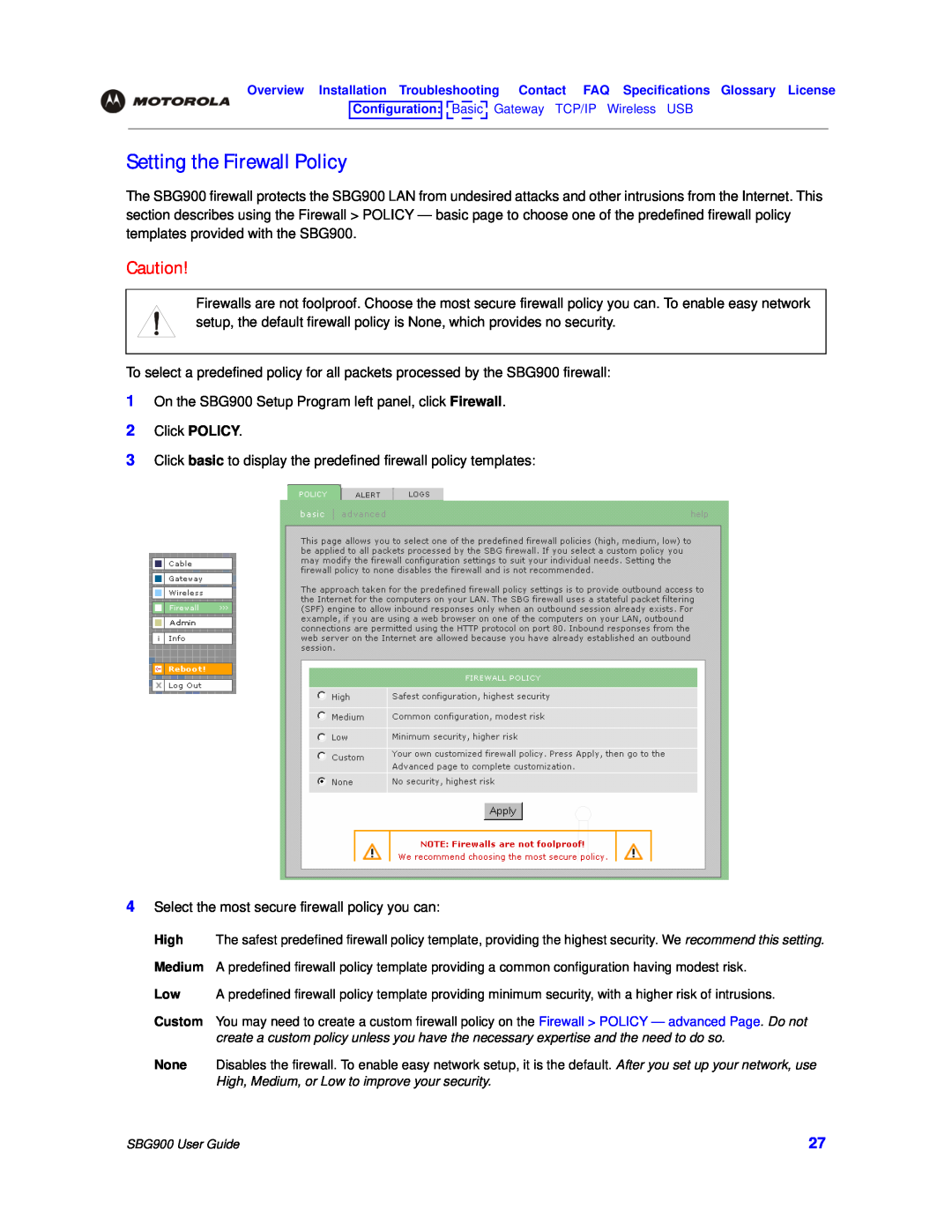 Motorola SBG900 manual Setting the Firewall Policy 