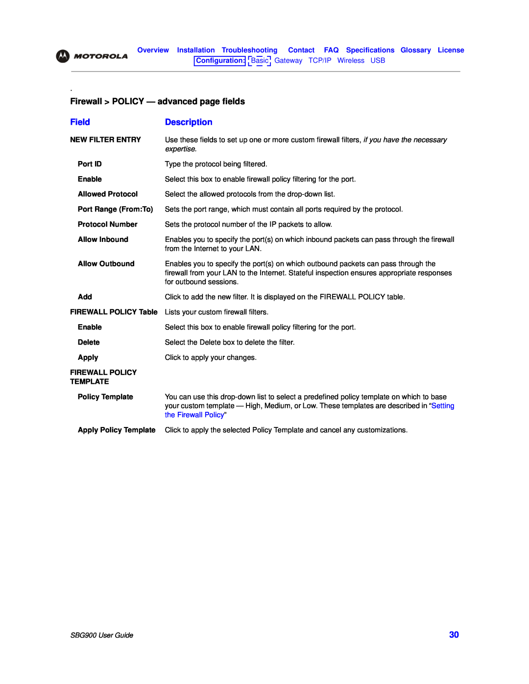 Motorola SBG900 manual Firewall POLICY - advanced page fields, Field, Description, expertise, the Firewall Policy ” 