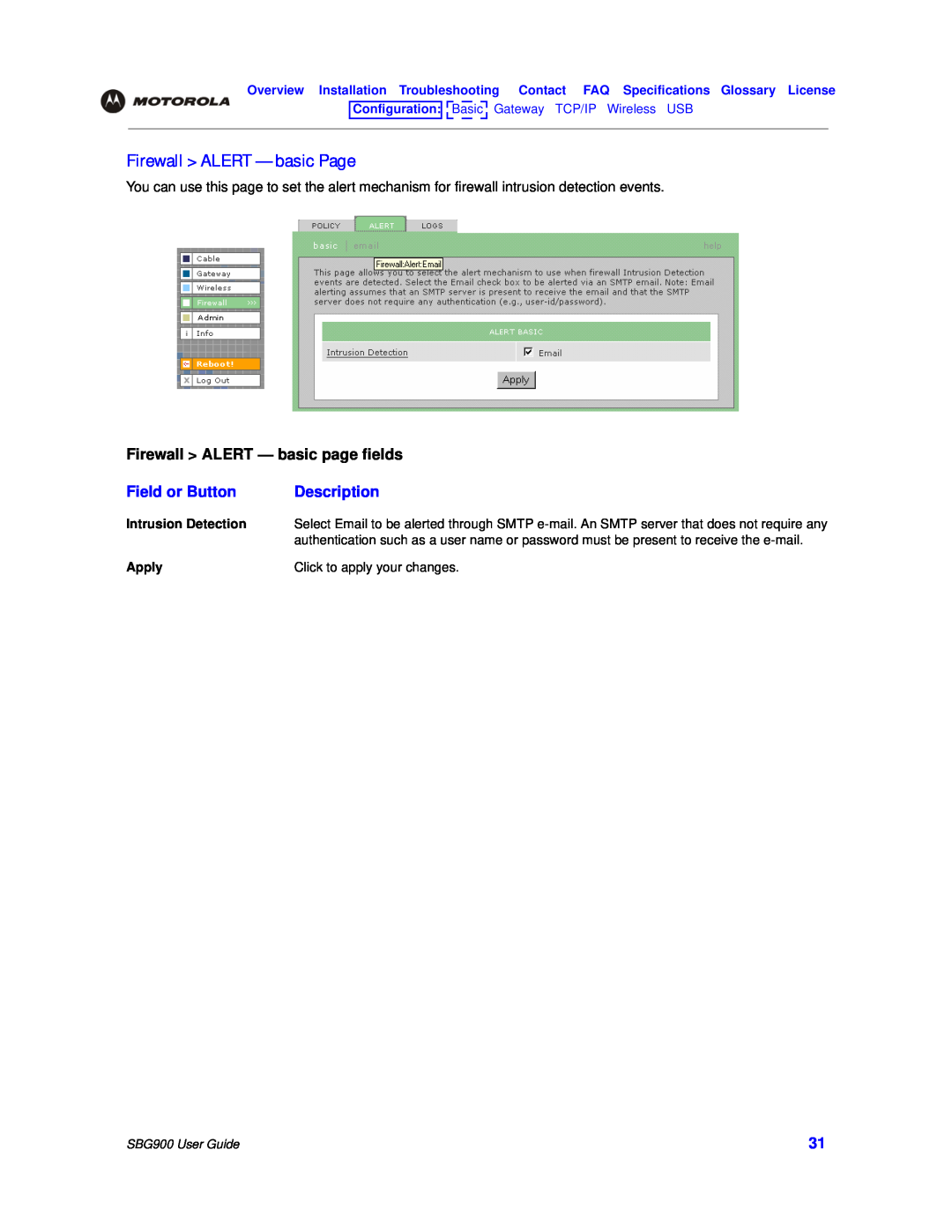 Motorola SBG900 manual Firewall ALERT - basic Page, Firewall ALERT - basic page fields, Field or Button, Description 