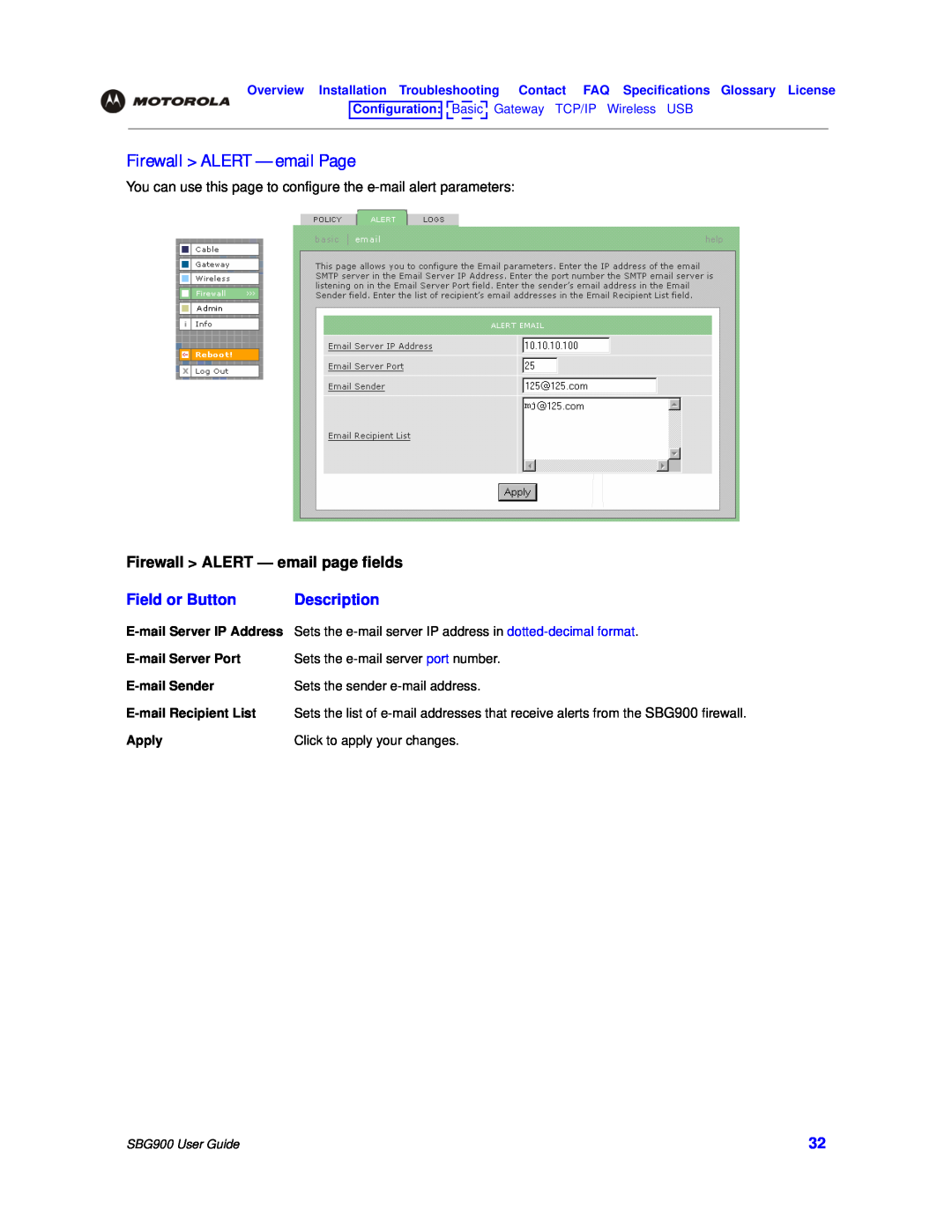 Motorola SBG900 manual Firewall ALERT - email Page, Firewall ALERT - email page fields, Field or Button, Description 