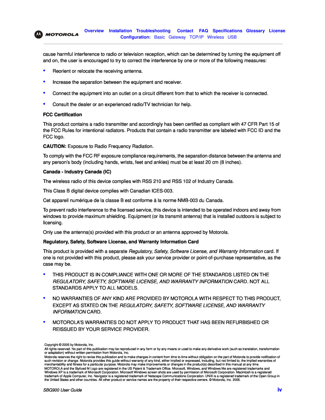 Motorola SBG900 manual FCC Certification, Canada - Industry Canada IC 