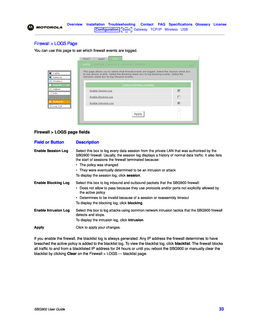 Motorola manual Firewall LOGS Page, Firewall LOGS page fields, Field or Button, Description, SBG900 User Guide 