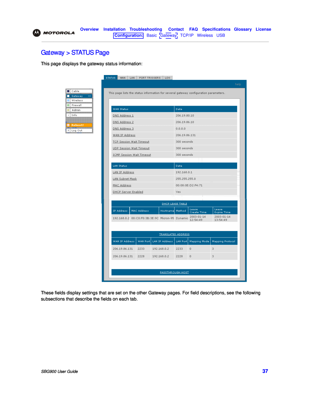 Motorola SBG900 Gateway STATUS Page, This page displays the gateway status information, Basic Gateway TCP/IP Wireless USB 