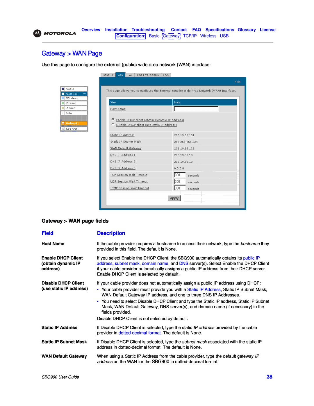 Motorola manual Gateway WAN Page, Gateway WAN page fields, Field, Description, SBG900 User Guide 