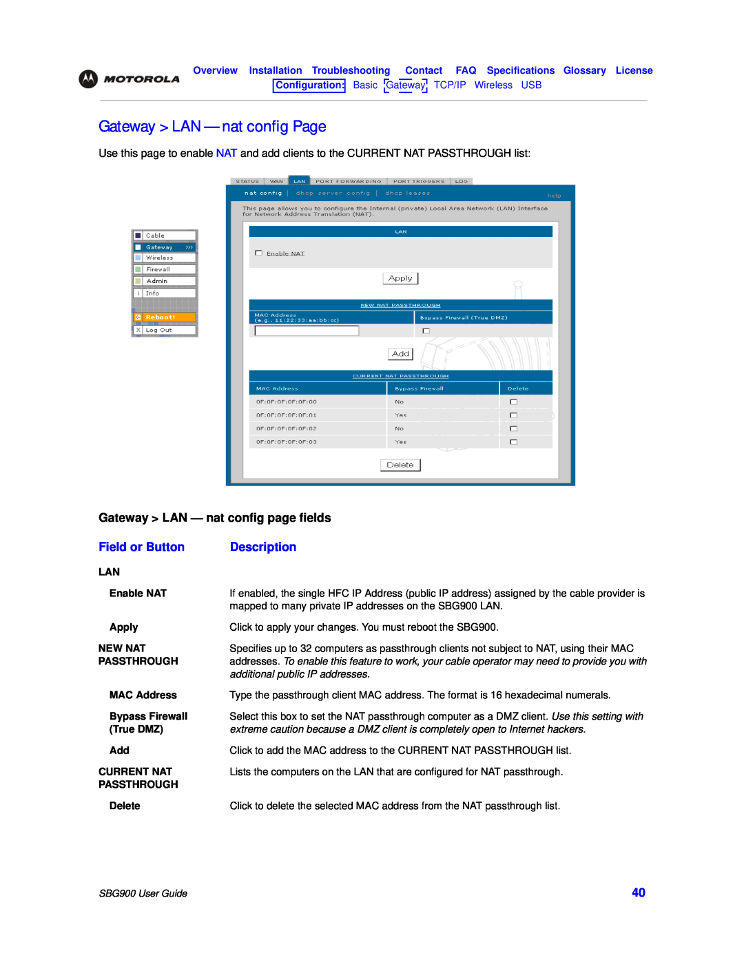 Motorola SBG900 manual Gateway LAN - nat config Page, Gateway LAN - nat config page fields, Field or Button, Description 