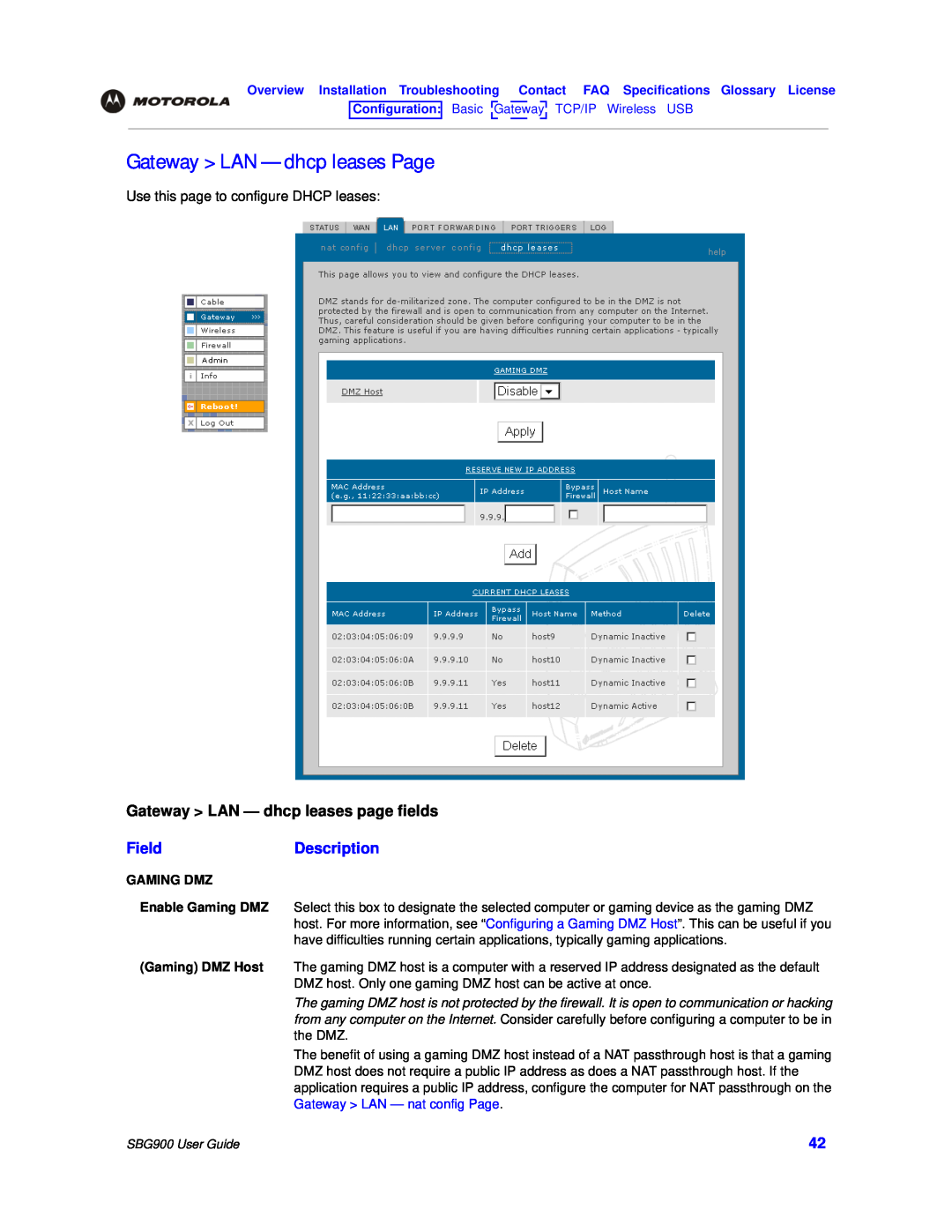 Motorola Gateway LAN - dhcp leases Page, Gateway LAN - dhcp leases page fields, FieldDescription, SBG900 User Guide 