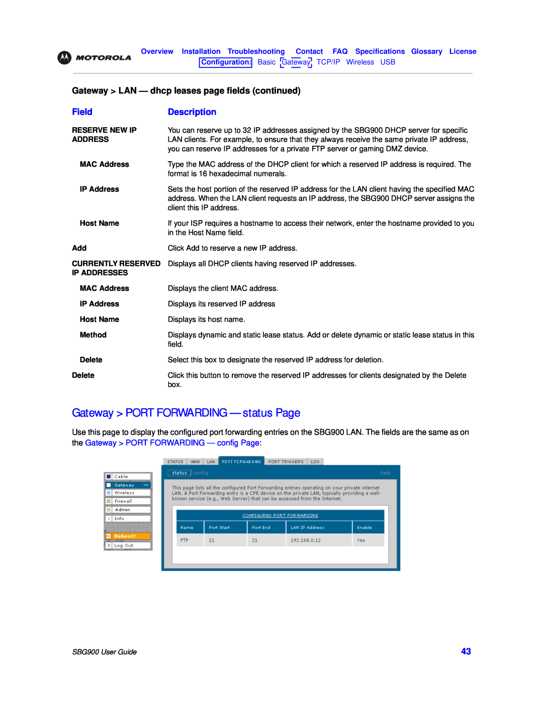 Motorola SBG900 Gateway PORT FORWARDING - status Page, Gateway LAN - dhcp leases page fields continued, Field, Description 