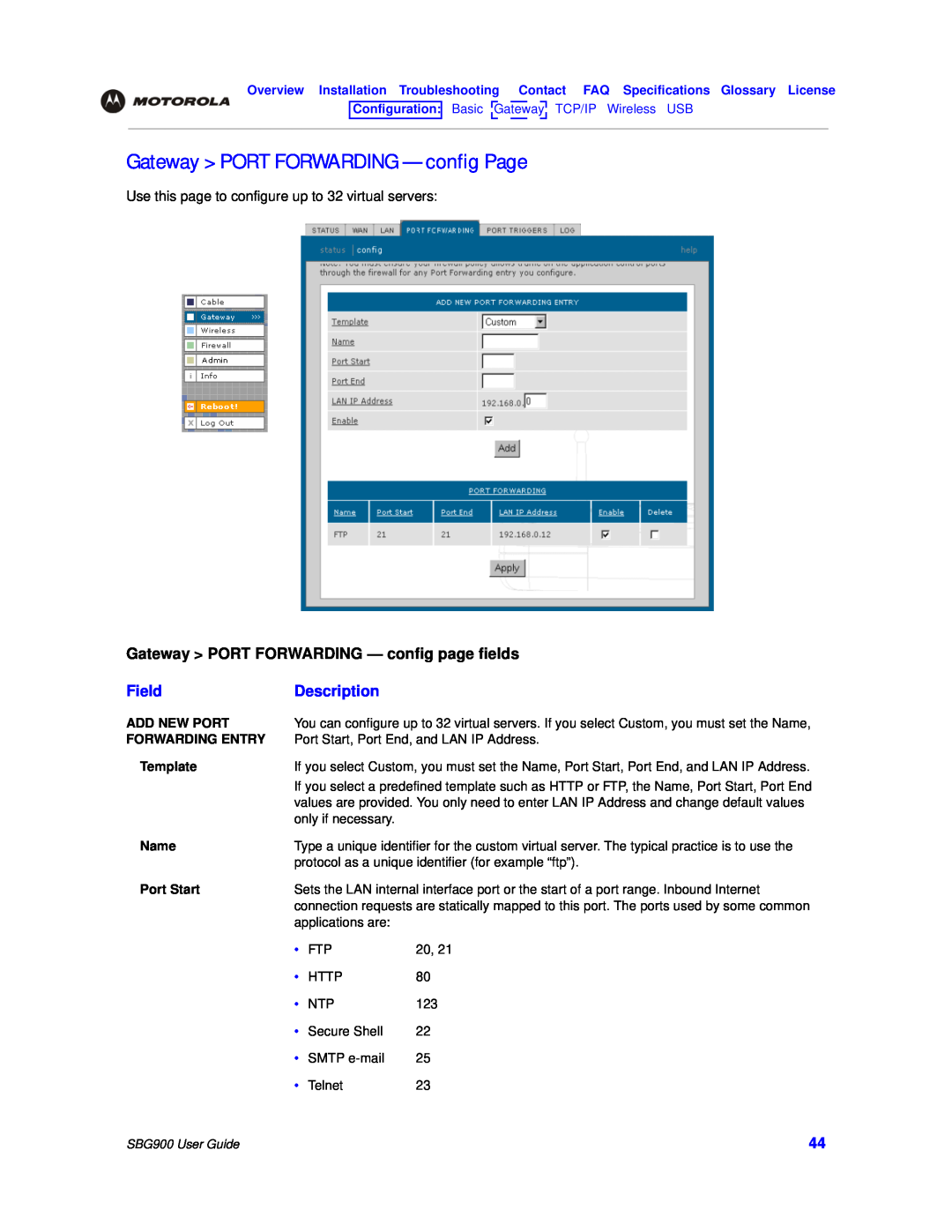 Motorola SBG900 Gateway PORT FORWARDING - config Page, Gateway PORT FORWARDING - config page fields, Field, Description 