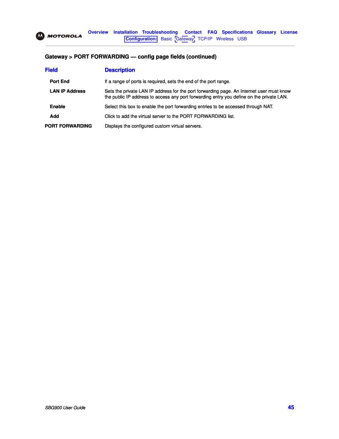 Motorola manual Gateway PORT FORWARDING - config page fields continued, Field, Description, SBG900 User Guide 