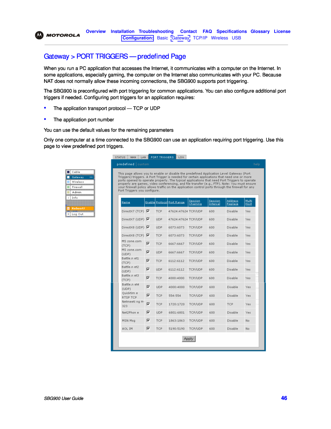 Motorola SBG900 manual Gateway PORT TRIGGERS - predefined Page 