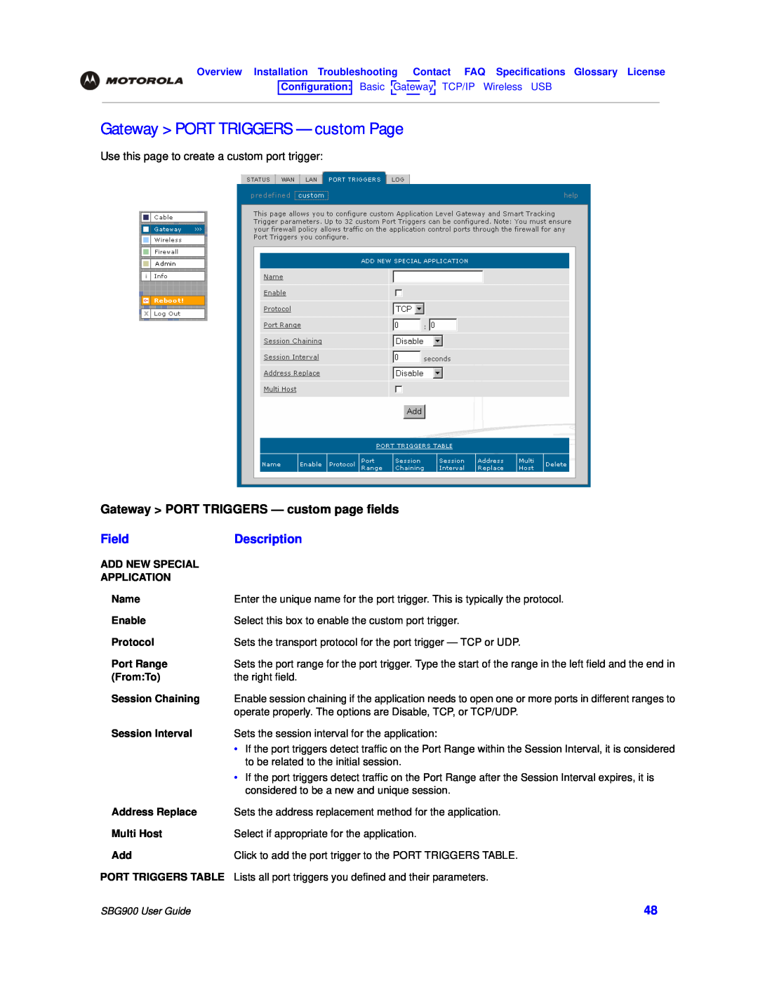 Motorola SBG900 manual Gateway PORT TRIGGERS - custom Page, Gateway PORT TRIGGERS - custom page fields, Field, Description 