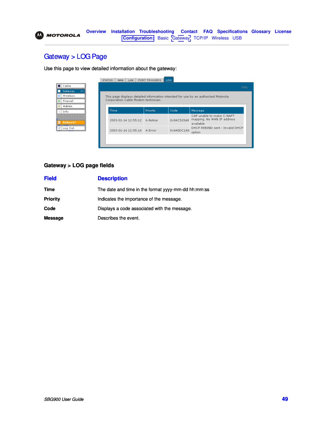 Motorola manual Gateway LOG Page, Gateway LOG page fields, Field, Description, SBG900 User Guide 