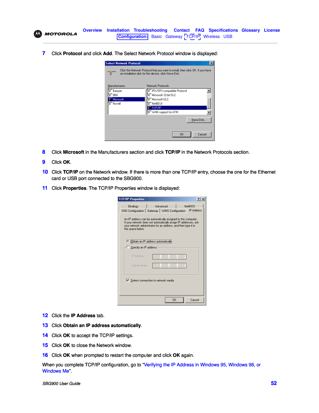 Motorola SBG900 manual Click Obtain an IP address automatically 