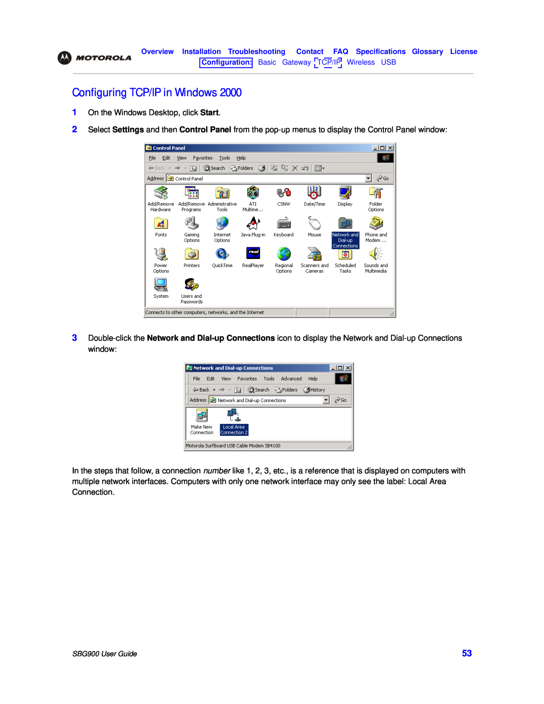 Motorola SBG900 manual Configuring TCP/IP in Windows 