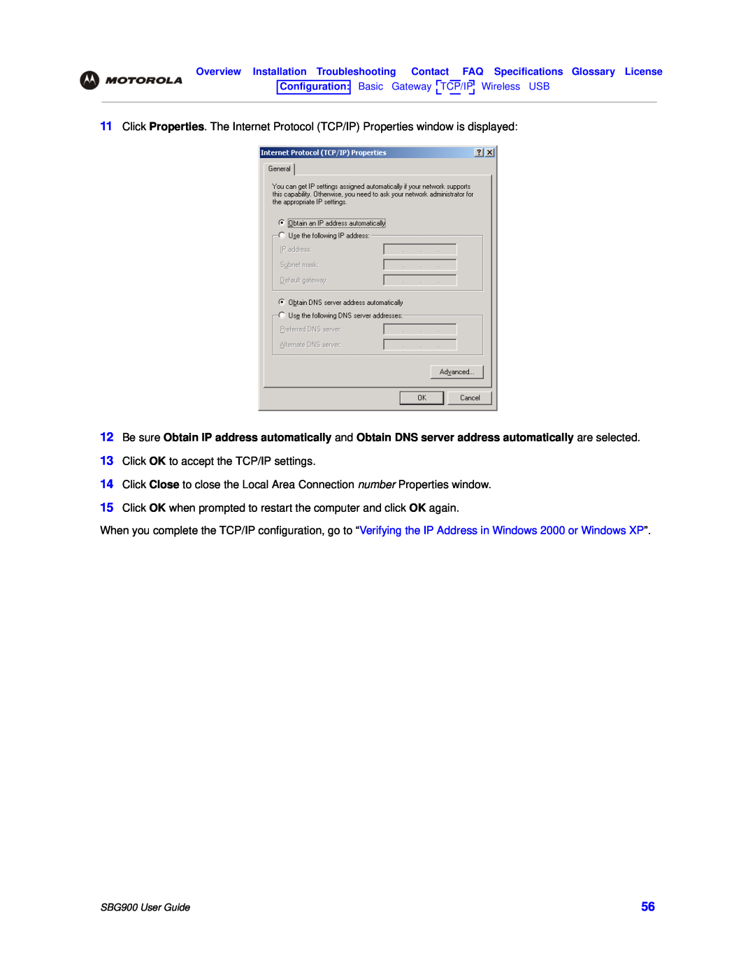 Motorola SBG900 manual Click OK to accept the TCP/IP settings 