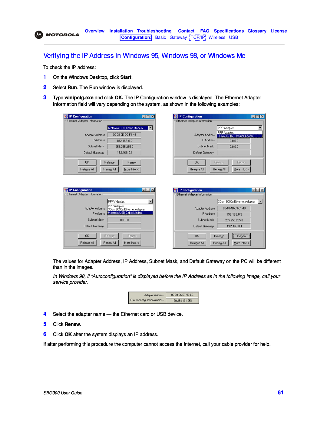 Motorola SBG900 manual Verifying the IP Address in Windows 95, Windows 98, or Windows Me 