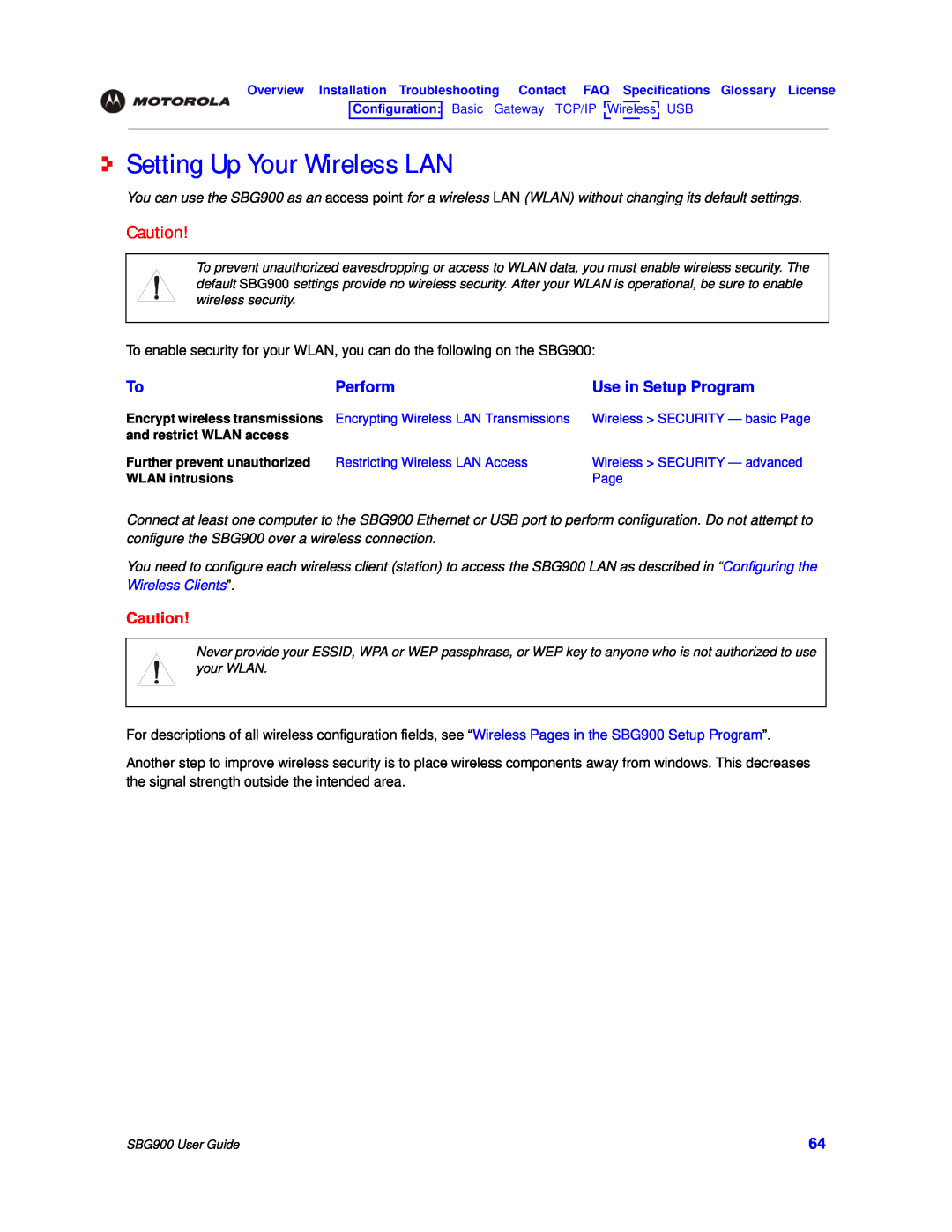 Motorola SBG900 manual Setting Up Your Wireless LAN, Perform, Use in Setup Program 