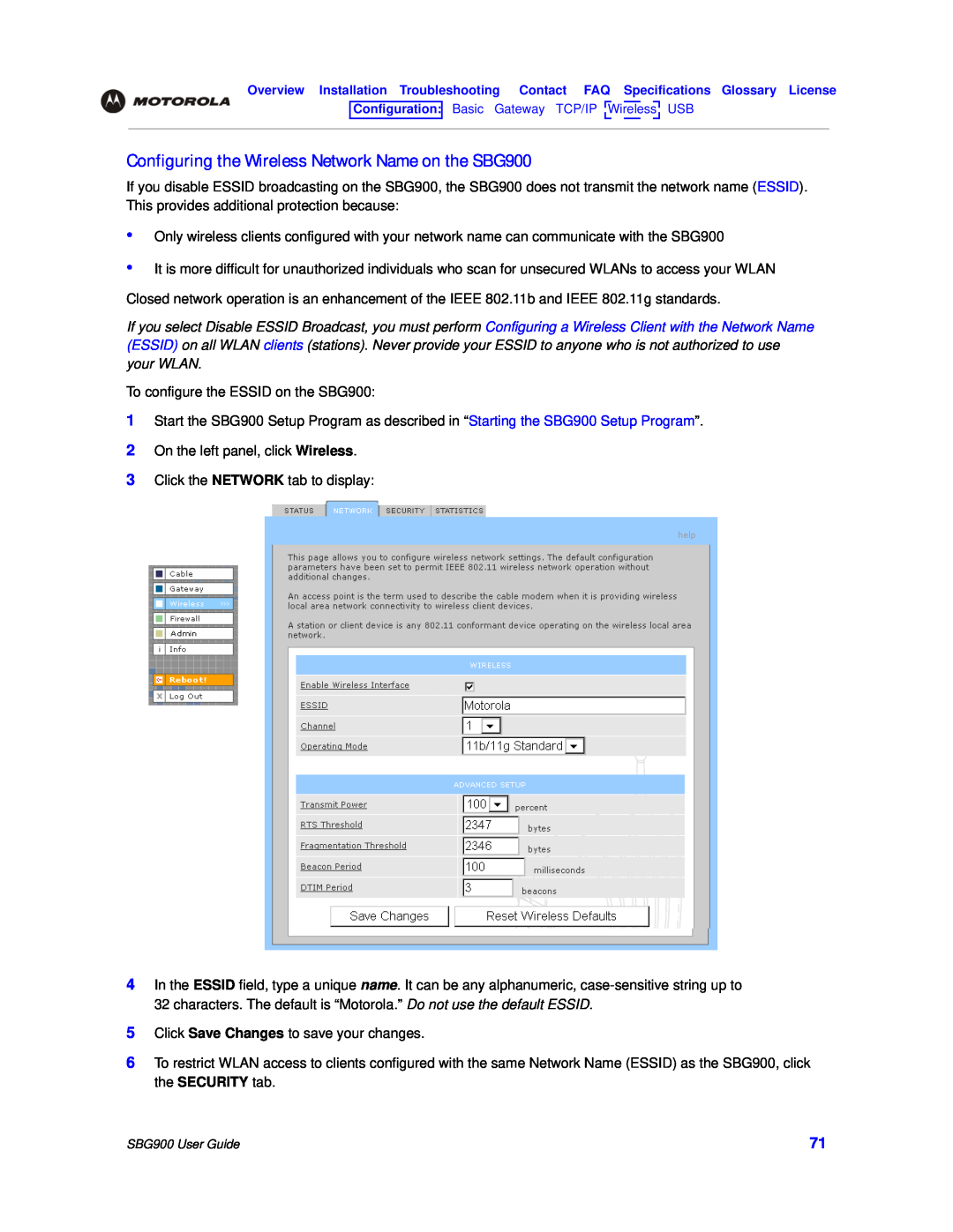 Motorola manual Configuring the Wireless Network Name on the SBG900 