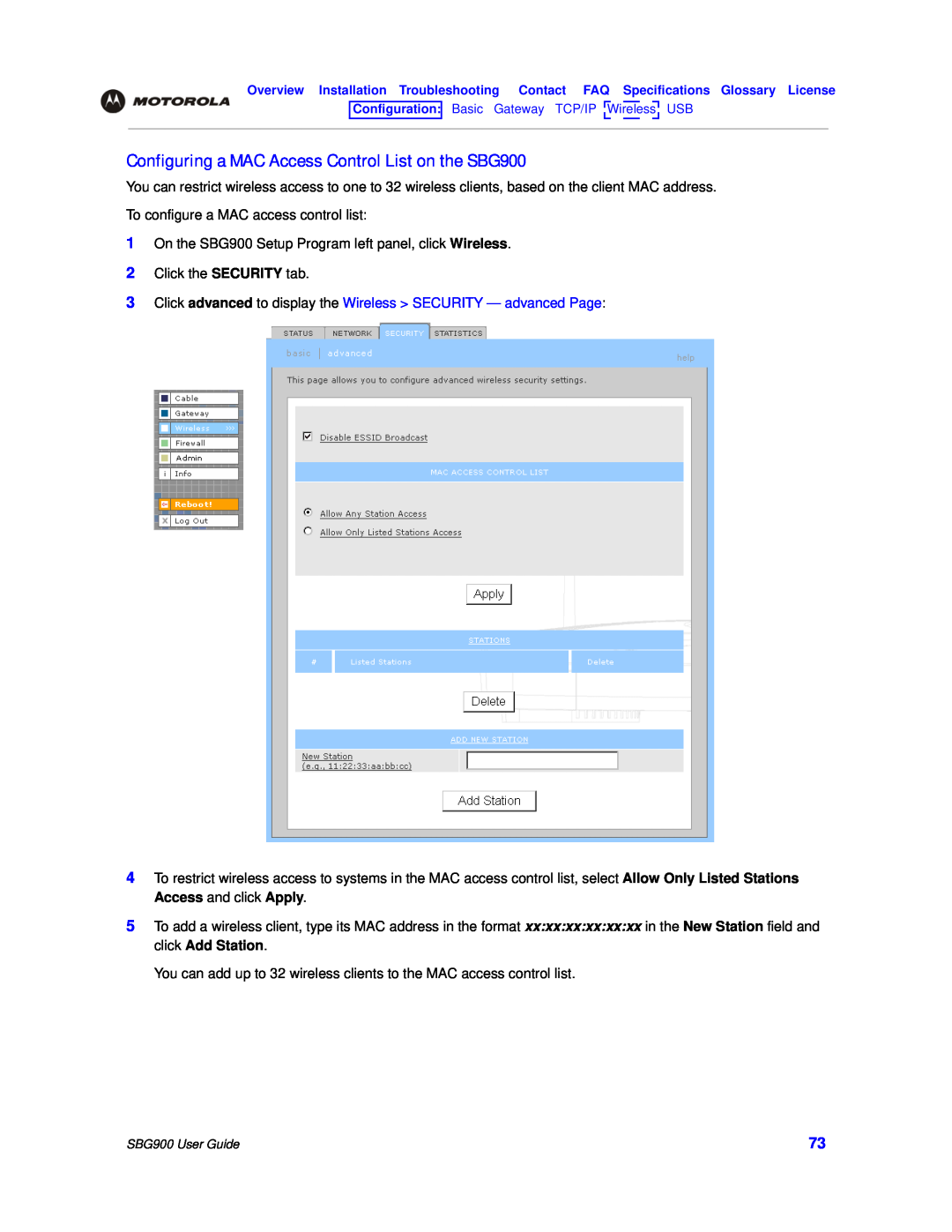 Motorola manual Configuring a MAC Access Control List on the SBG900 
