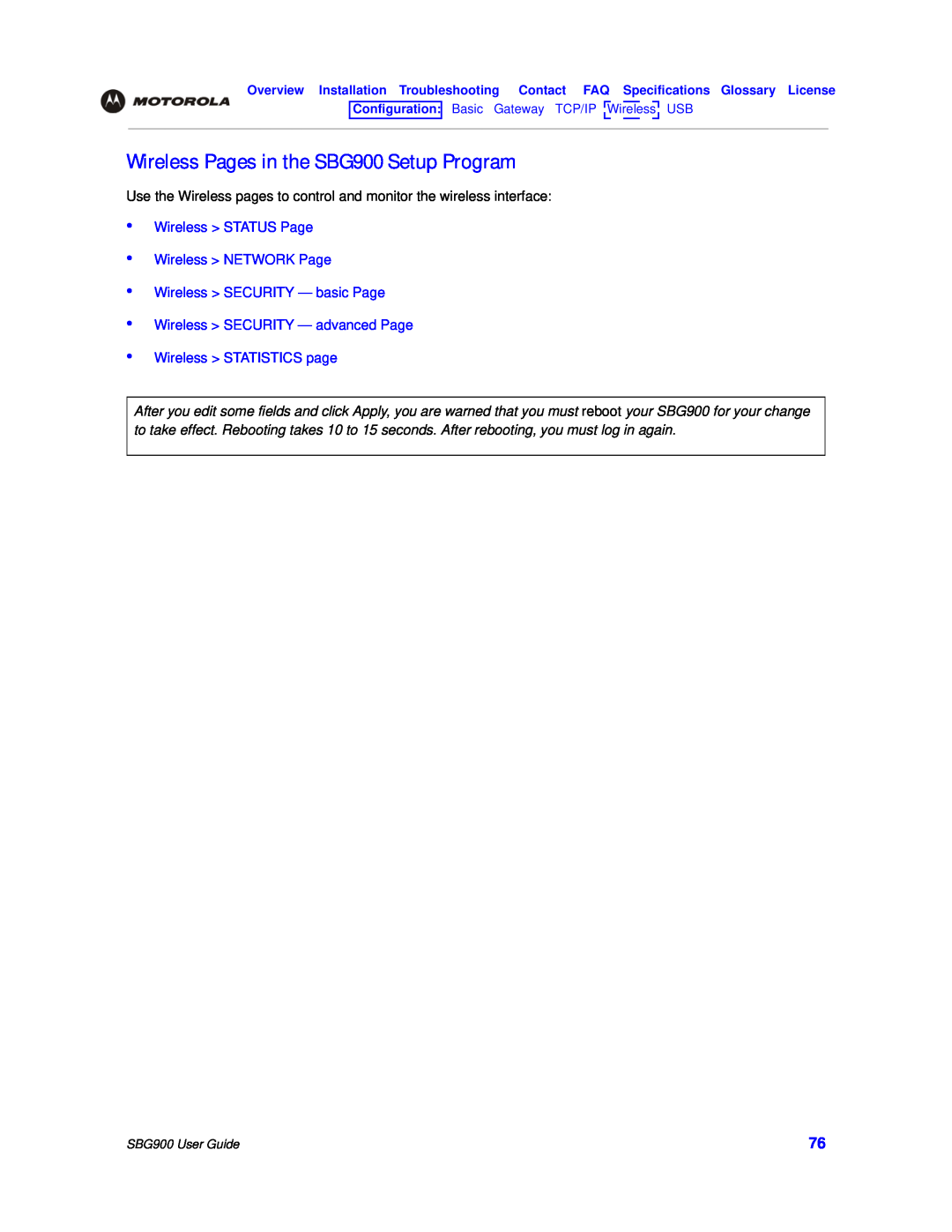 Motorola Wireless Pages in the SBG900 Setup Program, Wireless STATUS Page Wireless NETWORK Page, SBG900 User Guide 