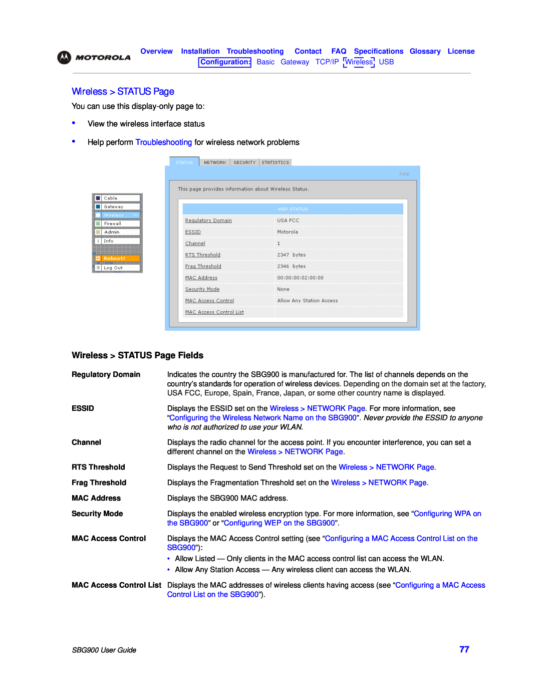 Motorola manual Wireless STATUS Page Fields, Configuration Basic Gateway TCP/IP Wireless USB, SBG900 User Guide 