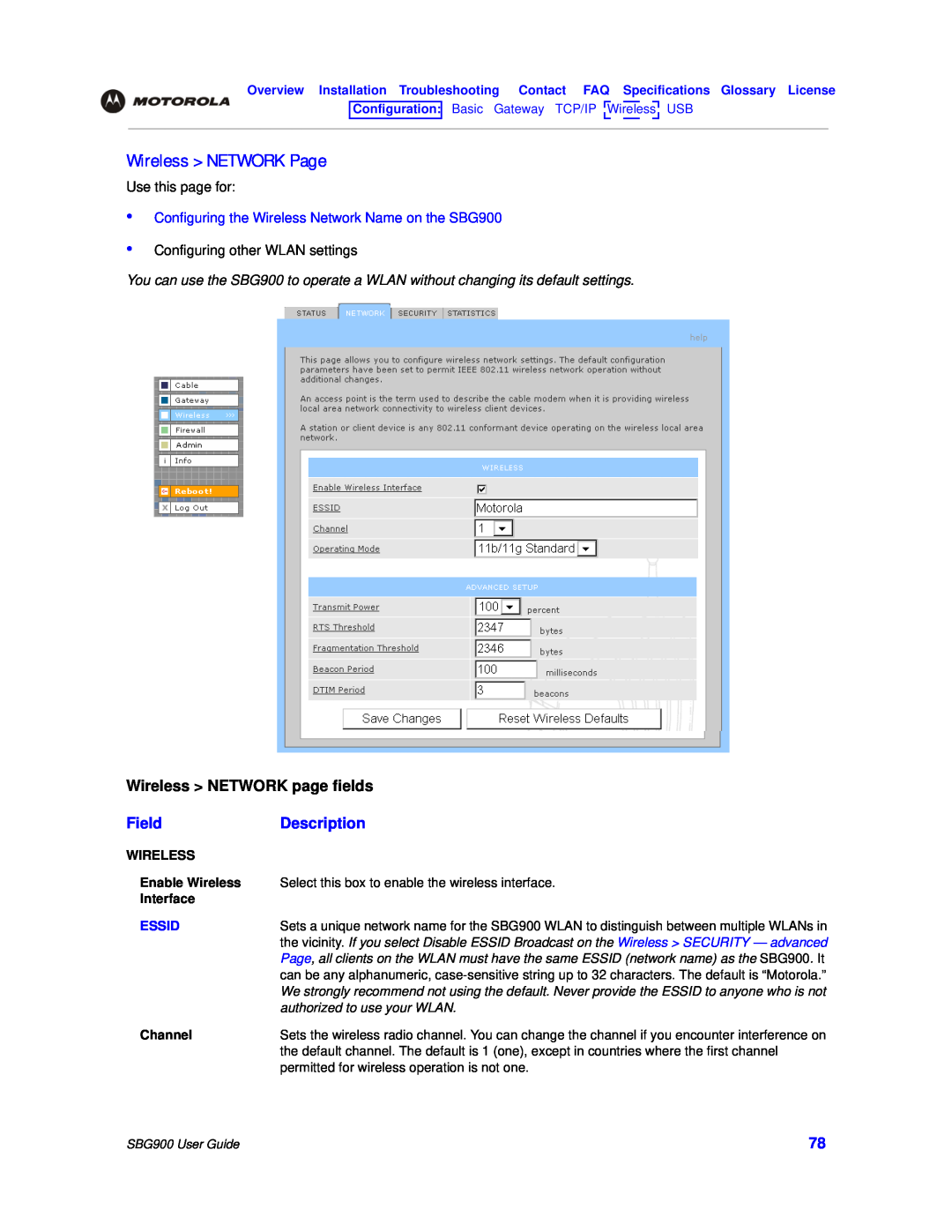 Motorola manual Wireless NETWORK Page, Wireless NETWORK page fields, Configuring the Wireless Network Name on the SBG900 