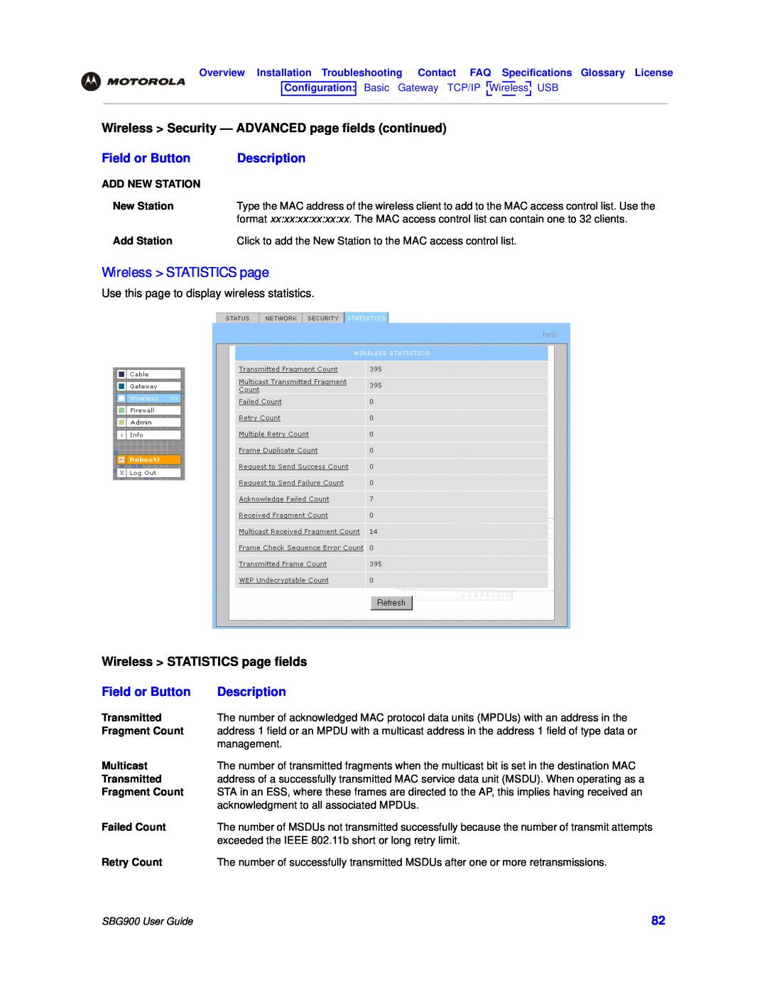 Motorola SBG900 Wireless STATISTICS page, Wireless Security - ADVANCED page fields continued, Field or Button, Description 