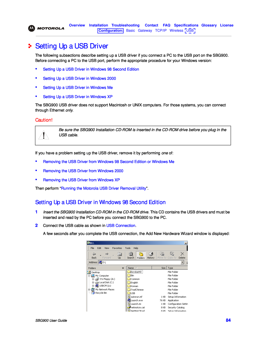 Motorola SBG900 manual Setting Up a USB Driver in Windows 98 Second Edition, Setting Up a USB Driver in Windows Me 