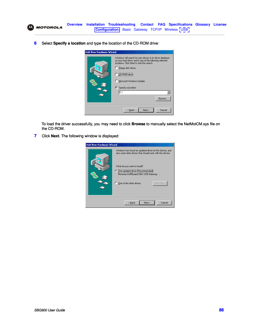 Motorola manual Select Specify a location and type the location of the CD-ROM drive, SBG900 User Guide 