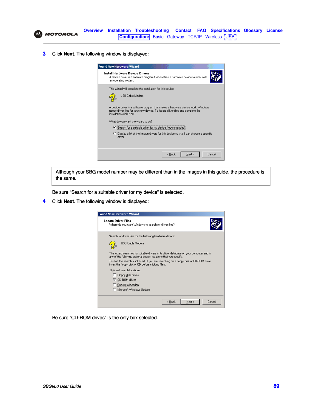 Motorola SBG900 manual Click Next. The following window is displayed 