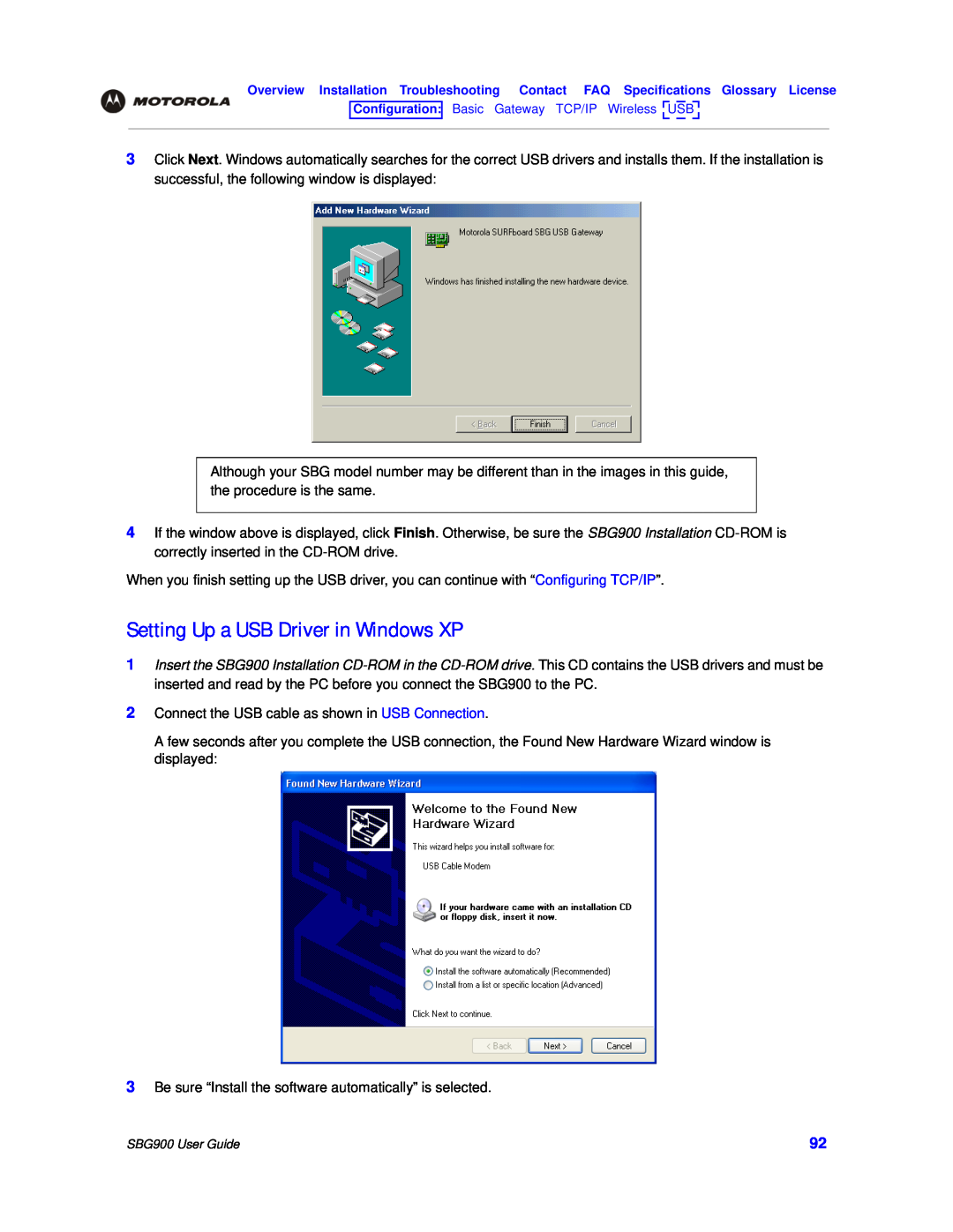 Motorola SBG900 manual Setting Up a USB Driver in Windows XP 