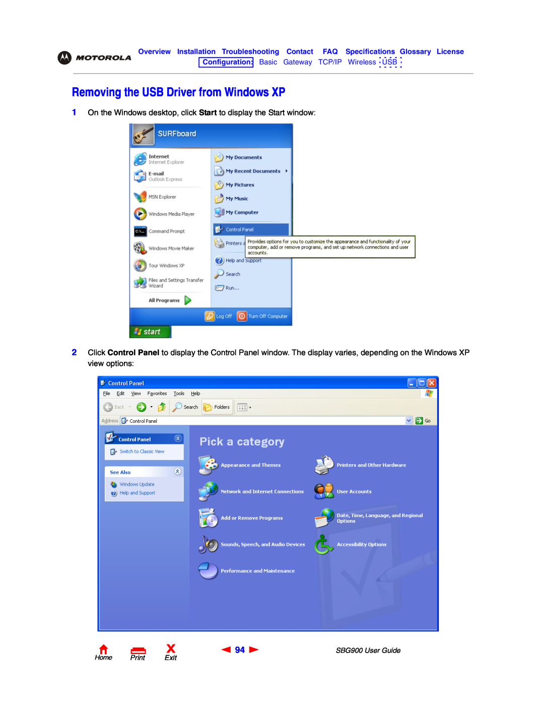 Motorola SBG900 Removing the USB Driver from Windows XP, On the Windows desktop, click Start to display the Start window 