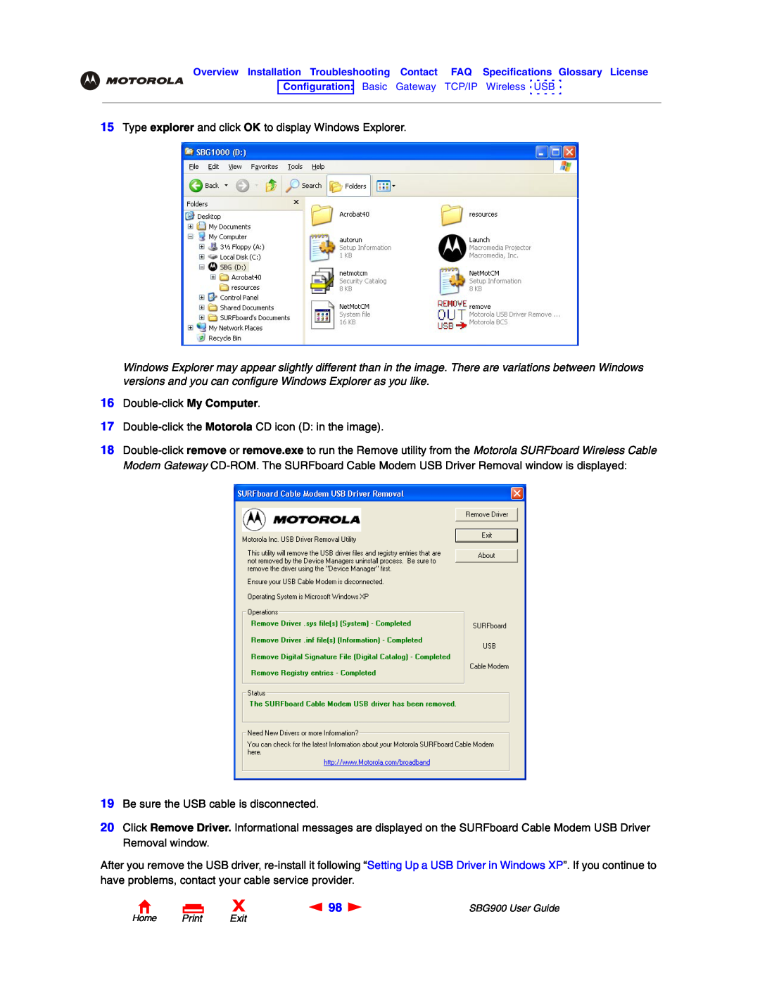 Motorola SBG900 manual Type explorer and click OK to display Windows Explorer 