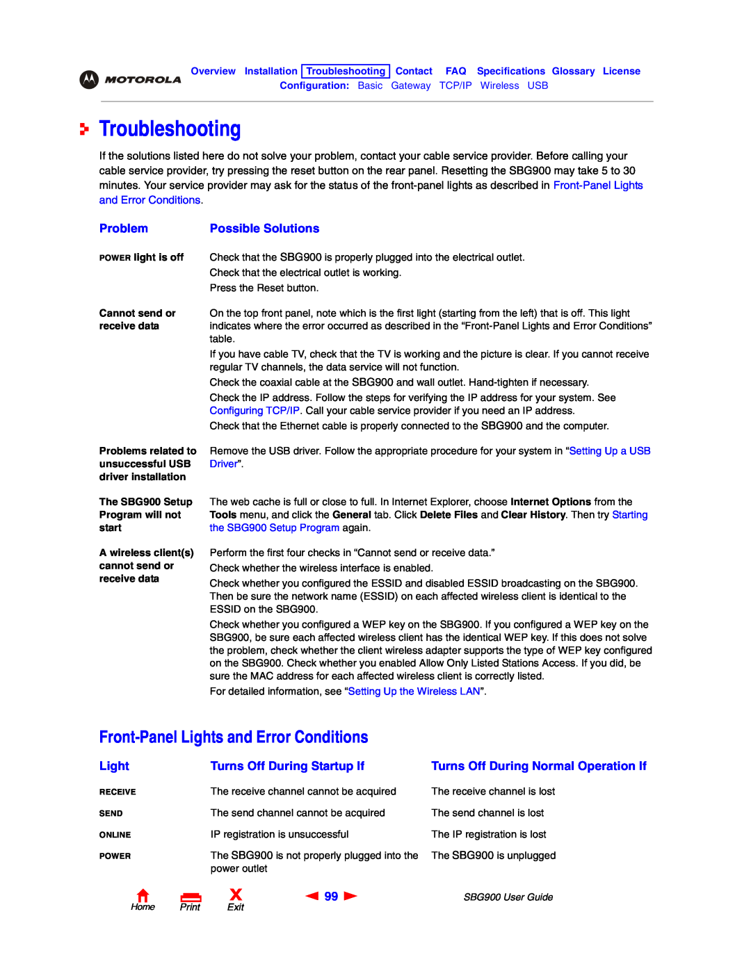 Motorola manual Troubleshooting, Front-Panel Lights and Error Conditions, Problem, Possible Solutions, SBG900 User Guide 