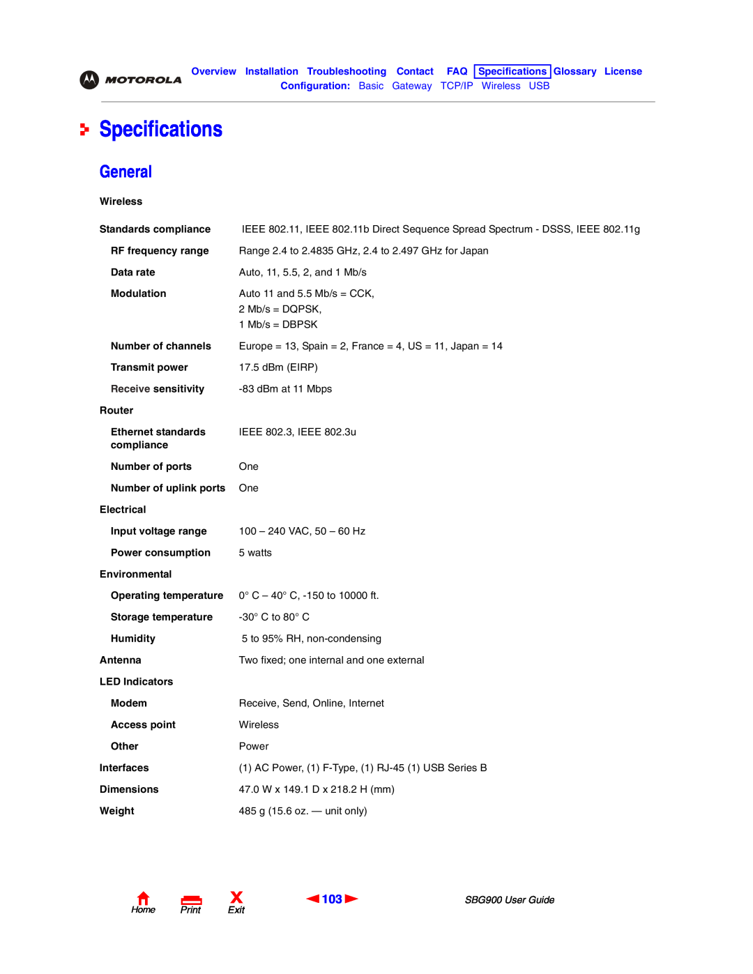 Motorola SBG900 manual Specifications, General, Home Print Exit 