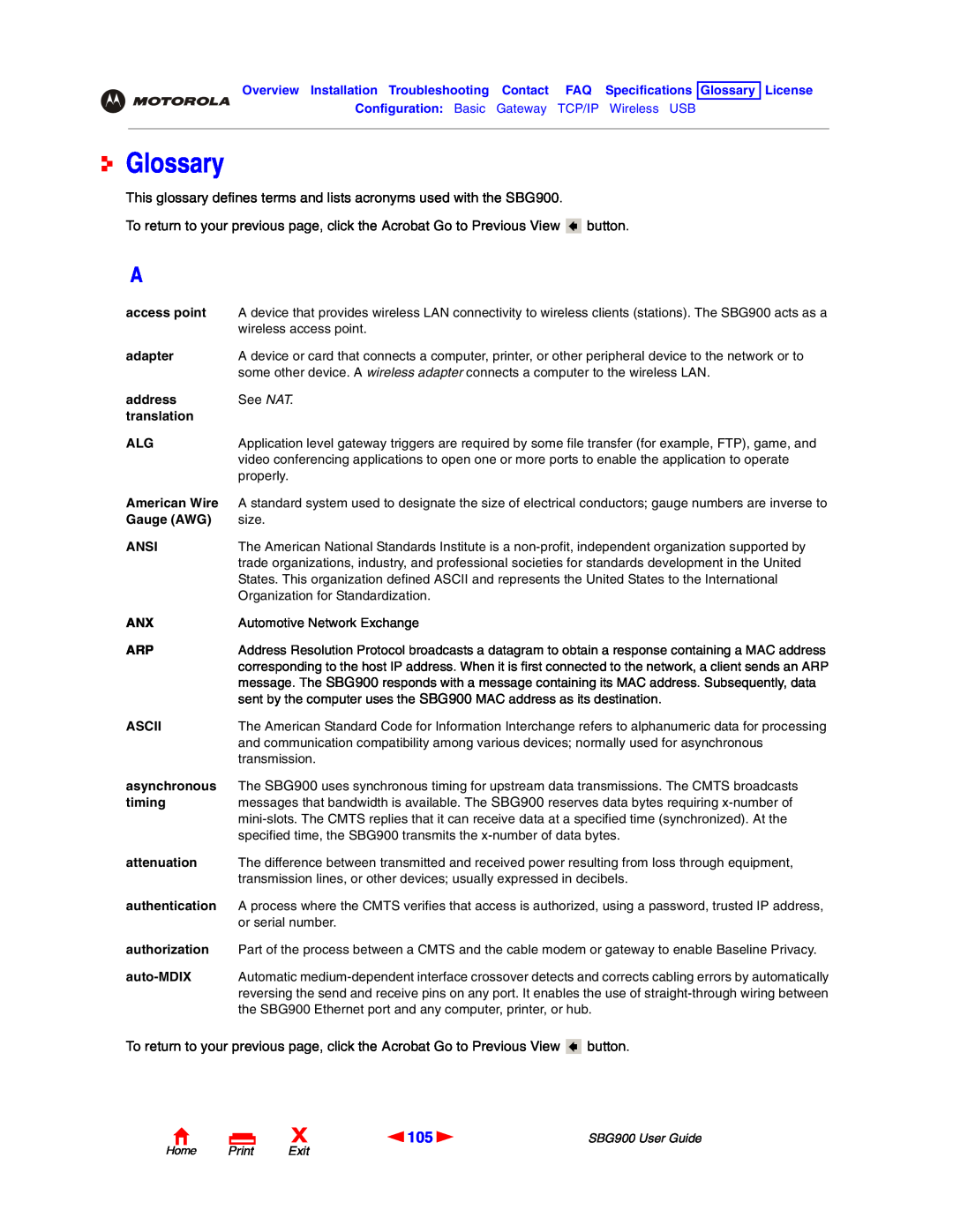 Motorola SBG900 manual Glossary 