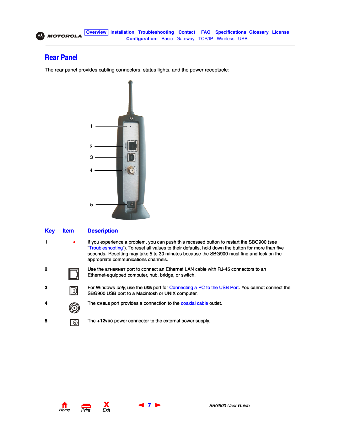 Motorola SBG900 manual Rear Panel, Key Item Description, Home Print Exit 