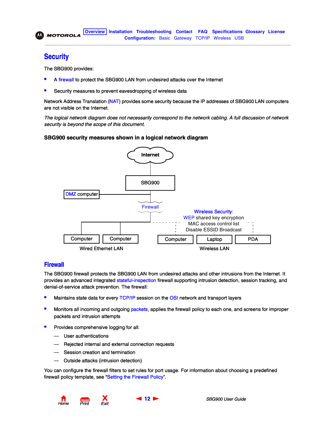 Motorola manual Firewall, SBG900 security measures shown in a logical network diagram, Internet, Wireless Security 
