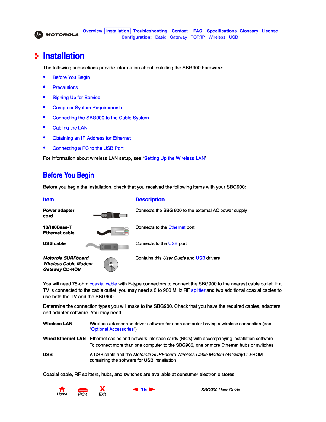 Motorola SBG900 manual Installation, Description, Before You Begin Precautions Signing Up for Service 