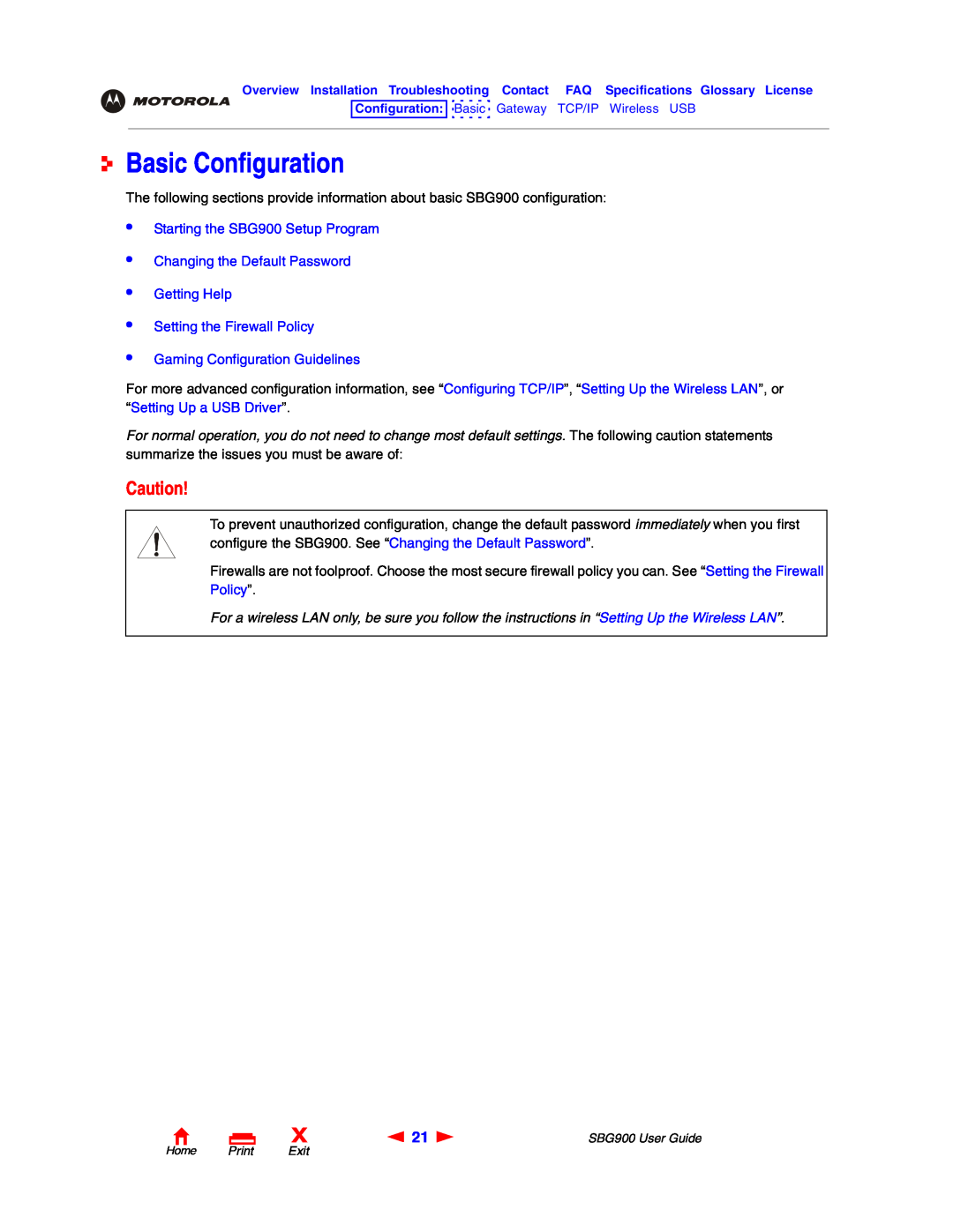 Motorola manual Basic Configuration, Starting the SBG900 Setup Program Changing the Default Password 